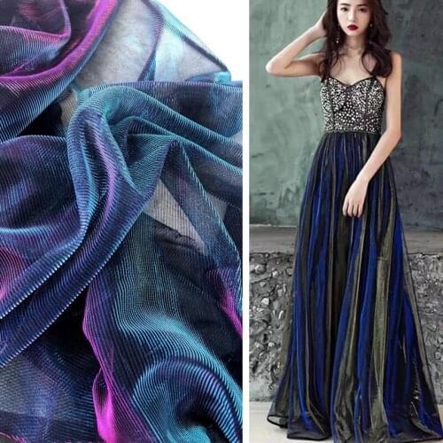 Peacock blue gradient mesh fabric handmade diy clothing dress designer fabric Laser Symphony Fabric Net background fabric