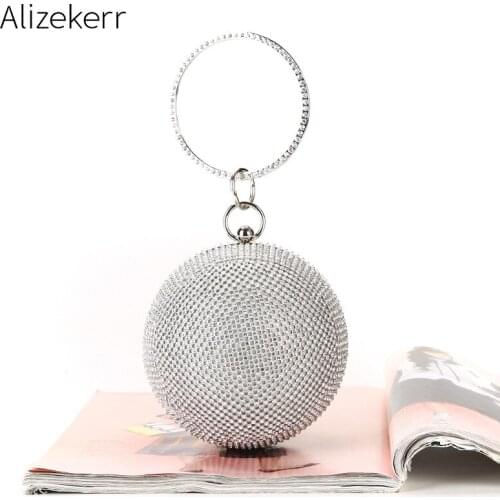 Rhinestone Circular Evening Bags Women Handmade Ring Handle Diamond Dinner Evening Clutch Bags Crystal Female Dinner Party Purse