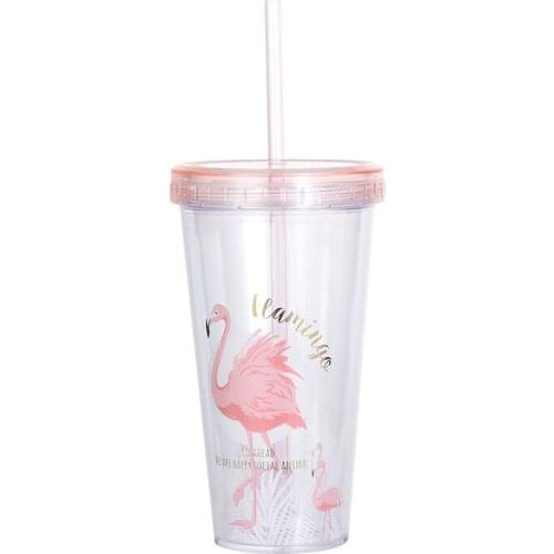 Creative Flamingo Plastic Cups With Straw Drinkware Cartoon Drinking Container Double Wall Coffee Tea Milk Juice Water Cup Mugs