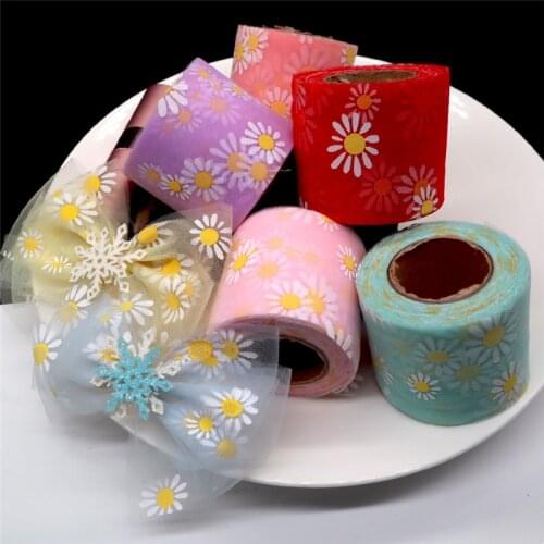 6cm 25yard Daisy Flower Tulle Roll for DIY Handmade Craft Hair Ornament Baking Decoration Sunflower Printed Mesh Fabric Supplies
