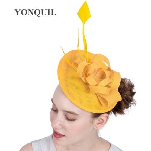 Handmade Floral Yellow Fascinators Hat Sposa Hair Accessories With Chic Ostrich Quill Headwear European Style Event Hat SYF132