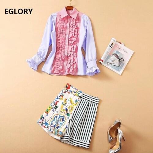 High Quality Short Sets 2021 Spring Summer Suits Ladies Turn-down Collar Striped Print Tops Shirt+Vintage Print Short Suit Set