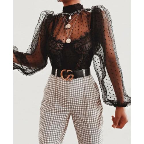 2020 Newest Hot Women Polka Dot Mesh Sheer Sexy See-through Puff Long Sleeve Tops Blouse Ladies Female Turtleneck Shirts OL Wear