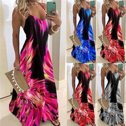 Plus Size Women Spaghetti Strap Long Dress Sexy V Neck Printed Boho Maxi Dress Big Swing Summer Beach Dresses Party Tunic Robe