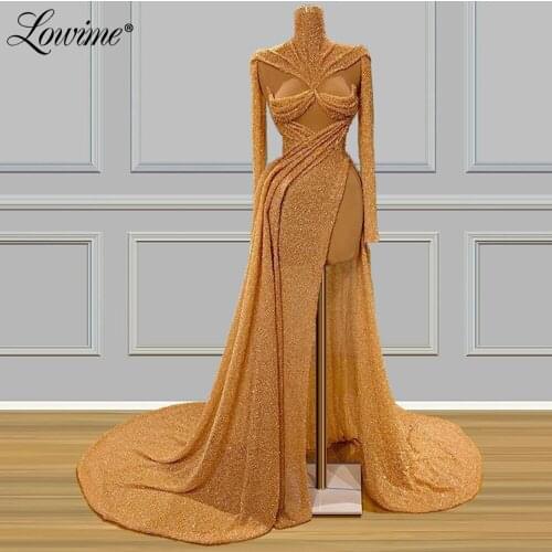 Beading Gold Sparkly Fabric Kaftans Evening Dress Dubai Islamic Long Prom Dresses Sexy Celebrity Party Gowns 2020 Custom Made