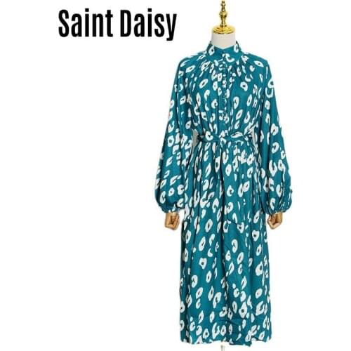 TurtleNeck Women Evening Dress 2021 Bandage Belt Lantern Long Sleeve Mid-Calf Empire Print Vintage African Korean Fashion 55897