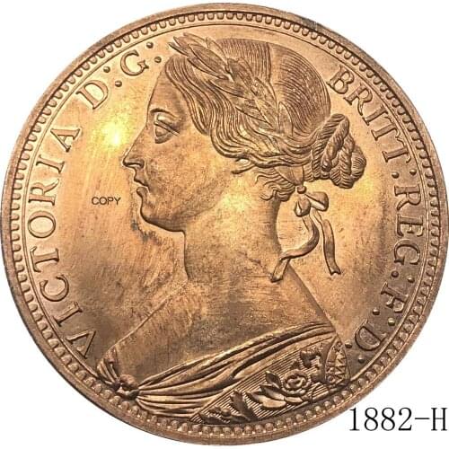 United Kingdom 1882 H 1 One Penny Queen Victoria Great Britain Bronze Portrait Red Copper Copy Coin With Smooth Edge