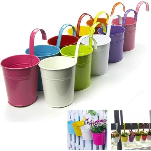 10pcs Metal Iron Flower Pot Removable Hook Wall Fence Balcony Garden Flower Tub Pots Candy Color Hanging Bucket Decoration