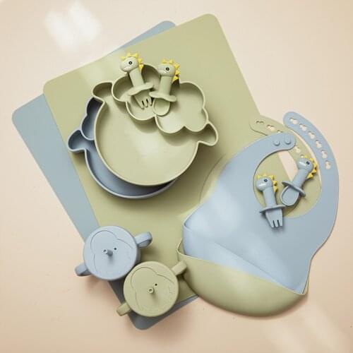 6pc/Set Baby Feeding Set Waterproof Non-slip Suction Cup Fork Spoon Bib BPA Free Silicone Bowl Tableware Baby Products