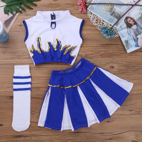 Kids Classic Cheerleader Costume Set Sleeveless Crop Top with Skirt Socks Blue Sparks School Girls Costume Dance Cosplay Uniform