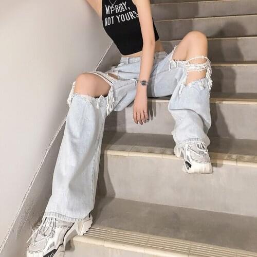 Summer New High Waist Dad Jeans BF Big Ripped Beggar Pants Womens Loose Cropped Straight Wide Leg Jeans