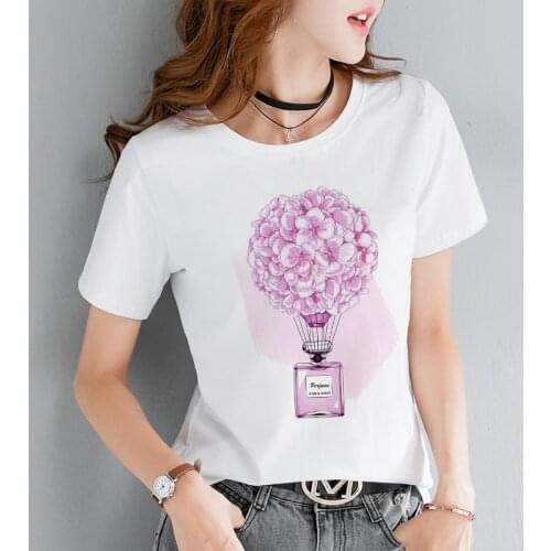 Aesthetic flower perfume Women T-shirts Kawaii Graphic Tees Harajuku New Summer Top Cartoon Short sleeve Tshirt Female Clothing
