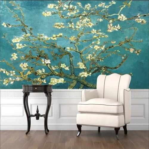 Custom Almond Branches Oil Painting By Van Gogh 3D Photo Mural for Living Room Self Adhesive Wallpapers Home Decor Waterproof