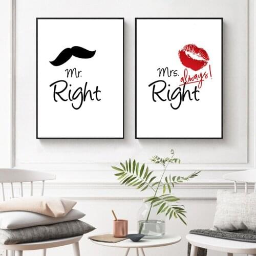 Mr Right Mrs Always Right Wall Art Print Moustach Red Lips Canvas Painting Wall Picture for Living Room Modern Home Decor TB146