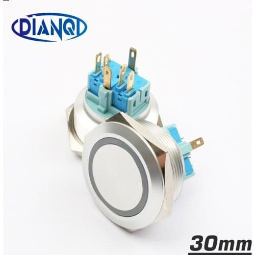 30mm Stainless steel metal push button switch flat round ring mark LED momentary 6 pin car switches reset latching fixation