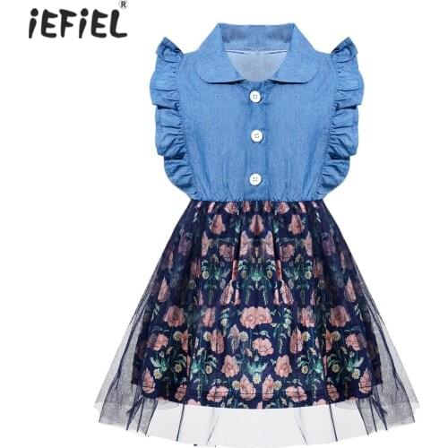 Cute Baby Girls Dress Summer Party Dresses Kids Princess Dress Flying Sleeve Denim Floral Mesh Tutu Dress Children Clothing