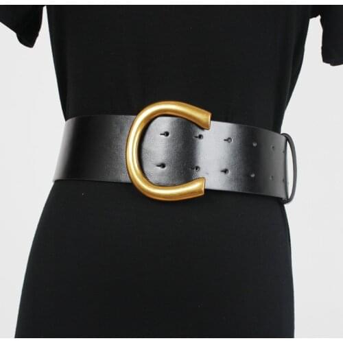 Fashion Leather Wide Belts for Women Vintage Gold Color Metal C Buckle Waistband Casual Womens Black Waist Belt Luxury Brand