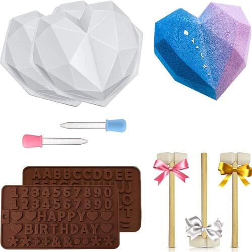3D Heart Shape Diamond Love Chocolate Moulds Candy Silicone Cake Mold For Wedding Baking Sponge Chiffon Mousse Dessert Molds Set