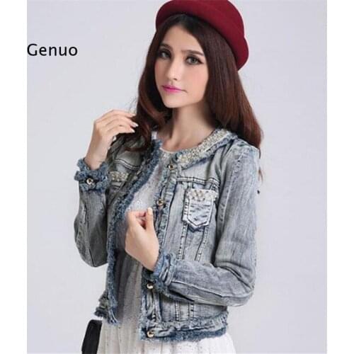 Women new small fragrance beaded diamond denim jacket female short section slim wild jean jacket
