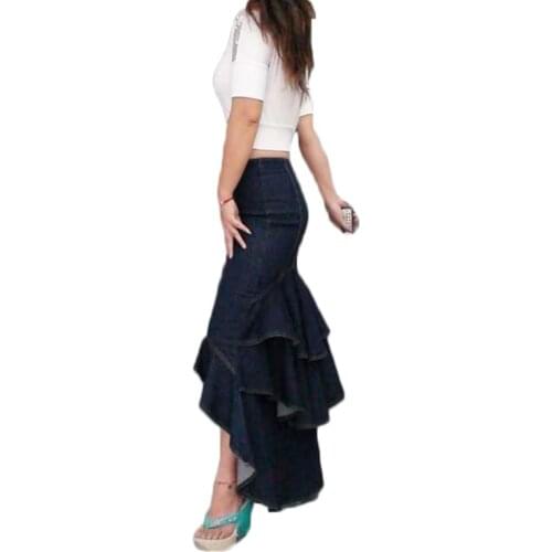 New Ruffles Denim Skirts European And American Style Womens Mermaid Jeans Maxi Skirt Lady Blue Irregular Party Skirt Female