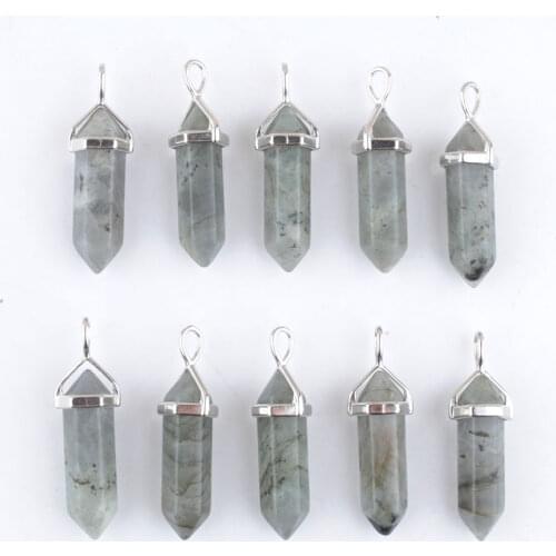 Wholesale 10Pcs Natural Stone Pendant Hexagonal Bullet Reiki Chakra Real Raw Labradoirte Beads Gem Women Jewelry QN4415