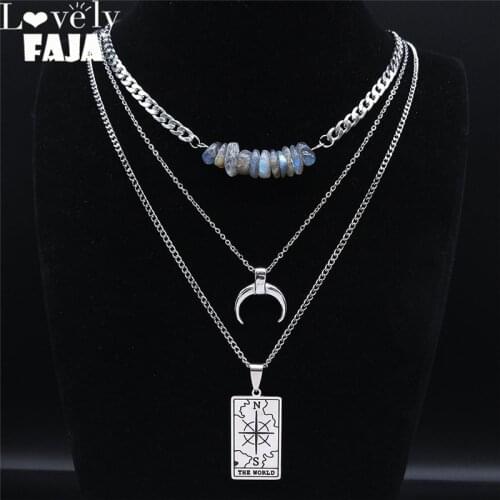 3pcs The World Stainless Steel Flash Stone Layered Necklaces Silver Color Tarot Chain Necklaces Jewelry cadena mujer NXS03