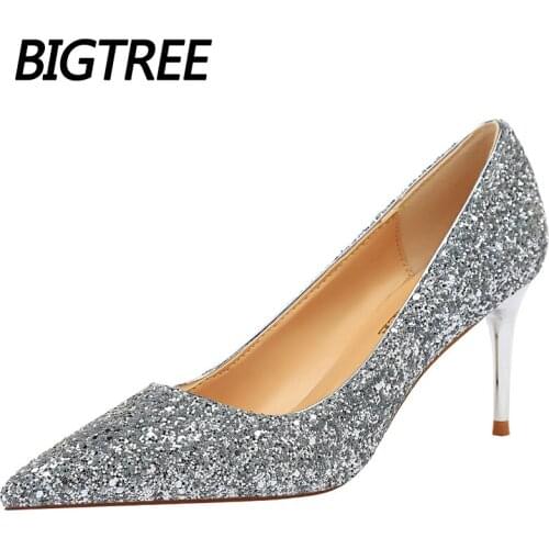 Sequins Kitten Heels Fashion Woman Pumps Pointed Toe Heeled Shoes Stiletto Heels 2021 New Heeled Shoes Sliver Gold Wedding Shoes