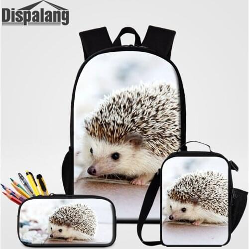 Custom Sublimation Heat Transfer Schoolbag Hedgehog Printing Backpack With Food Lunchbox Children Zipper Pencil Case For Student