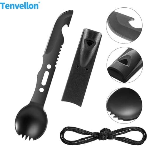 Tactical Survival Tool Camping Spoon Fork Outdoor EDC Stainless Steel Camping Spoon Fork with Bottle Opener Whistle for Camping