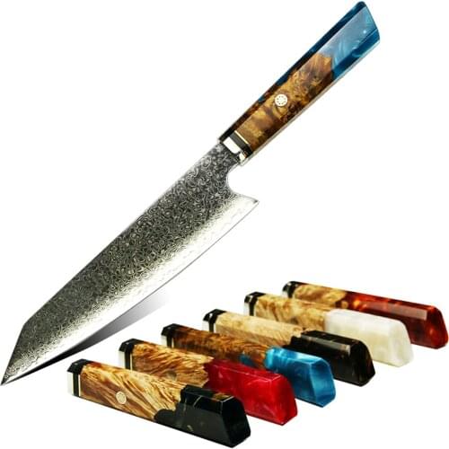 Amber Damascus steel 67 layers Japanese master kitchen knives kiritsuke epoxy resin Solidified Wood handle handcraft sharp