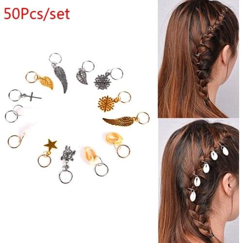 50Pcs/Set Dreadlocks Beads Cuffs Hair Braid Rings Clip Pendants Braiding Rings Set Hair Clip For Women