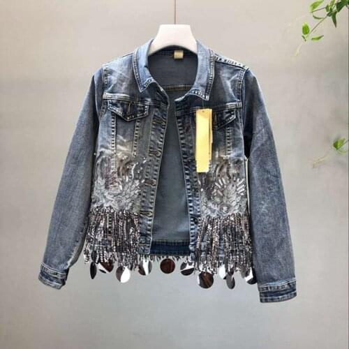 Women denim jacket harajuku top sequin clothing 2018 streetwear female autumn winter basic jean jacket 2018 women FF1312