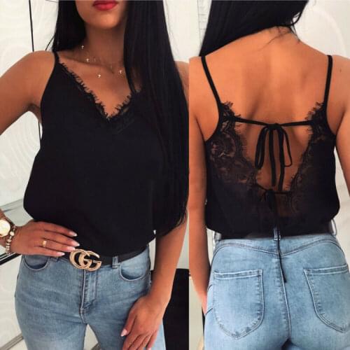 Ladies Camisole Sexy Lace Solid Color V Neck Backless Patchwork Sleeveless Vest Summer Party Clubwear Tops Women 2020