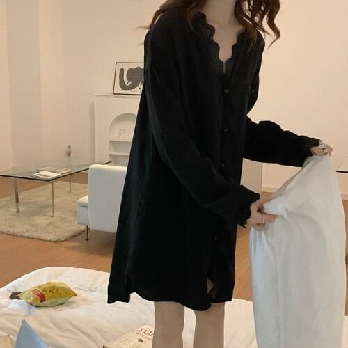 Fdfklak Hot Women Sexy Lingerie Nightwear Long Sleeve Lace Night Dress Cotton Nightgowns Women Summer New Black/White