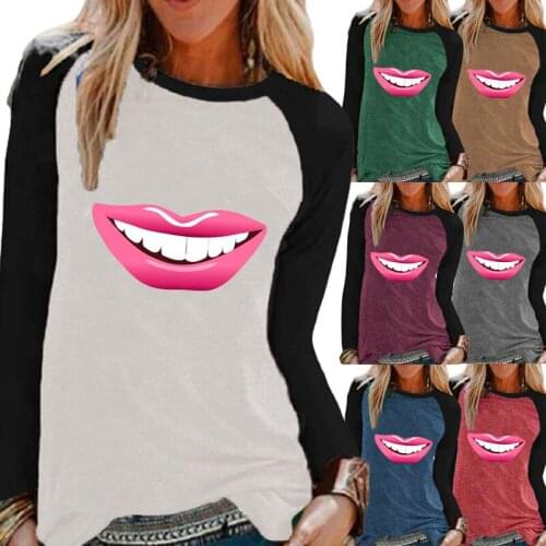 Ladies Autumn Fashion Casual Long Sleeve Shirt Round Neck Loose Pullover Sweatshirt Women Plus Sized Red Lips Print T-shirt