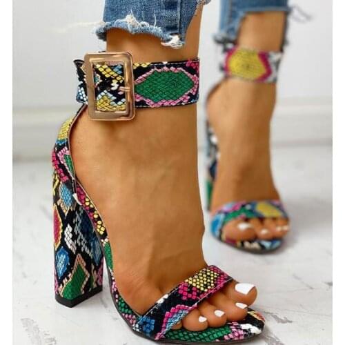 Dipsloot Woman Colorful Snake Skin Python Chunky Heels Sandals Metal Buckle One line High Heel Sandals Shoes Plus Size 44