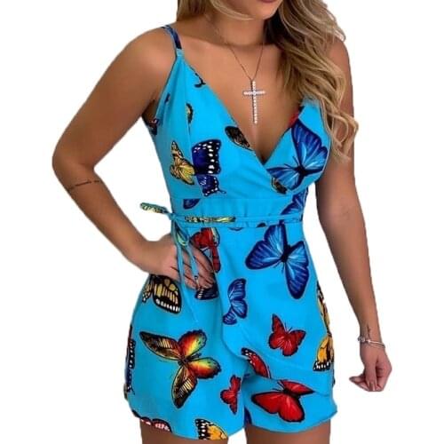 Women Summer Elegant Floral Print Sleeveless Deep V Neck Casual Print Jumpsuit Summer Romper Women Jumpsuit
