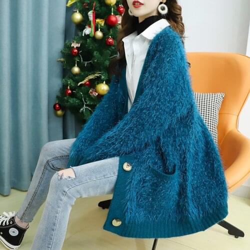 2021 Spring Autumn Womens Red Single breasted Knitted Tops Loose Long Sleeve Sweater Knitting Cardigans Casual Female Knitwear