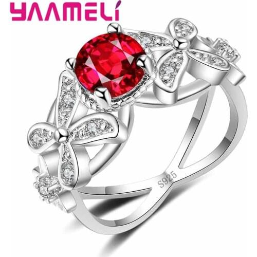 Romantic Crystal Embellishment White/Red/Green/Blue Stone Flower Shape Ring Engagement 925 Sterling Silver For Women
