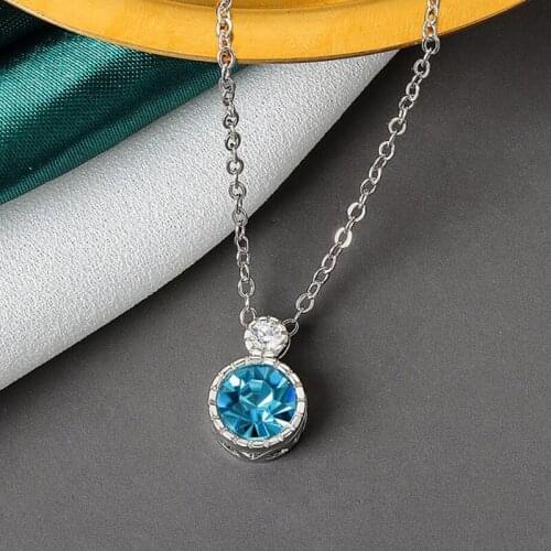 KOFSAC Beautiful Blue Crystal Round Pendant Necklace For Women Jewelry 925 Sterling Silver Valentines Day Accessories Lady Gift