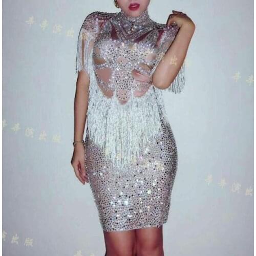 Sparkly Crystals Big Stretch Dress Womens Evening Party Wear Full Rhinestones Tassel Dress Prom Birthday Celebrate Outfit
