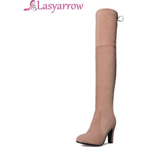 Lasayrrow Winter Warm Long Boots Stretch Faux Suede High Heels Over The Knee Boots Black Pink Thigh High Boots Slim Female Shoes