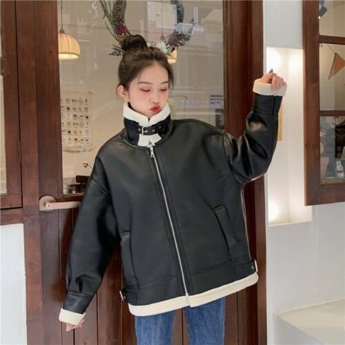 2020 New Winter Womens Thick Pu Leather Jacket Female Turndown Collar Long Sleeve Winter Jacket Ladys Casual Warm Coat