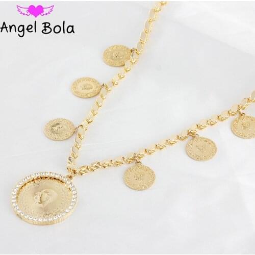 18K Real Gold Muslim Tassel Long Coin Ladies Pendant Necklace Middle East African Girl Wedding Party Event Holiday Gift