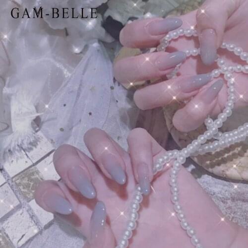 GAM-BELLE 24Pcs Detachable Long Oval Fake Nails Full Cover Gradient Designs Artificial Press On Nails Decoration Manicure Tool