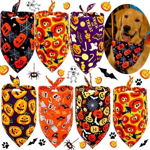 30 PCS Polyester Dog Bandana Cat Triangle Bibs Puppy Scarf Neckerchief Pumpkin Skull Pattern Halloween Pet Supplies Wholesale XB