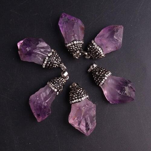 6PCS Natural Amethysts Yellow Crystal Stone Pendant Energy Chakra Radiesthesia Pendulum Handmade Rhinestone Jewelry Necklace