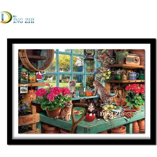 Full Square Round Drill Flowers 5D Diamond Painting Curious Little Cat On The Windowsill Embroidery Cross Stitch Kit Mosaic Art