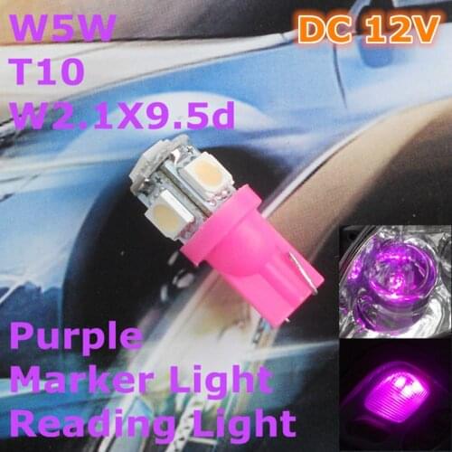 12V LED Purple Color Car Bulb Lamp T10(5*5050 SMD)W5W W2.1X9.5d for Signal Top Reading Width Light