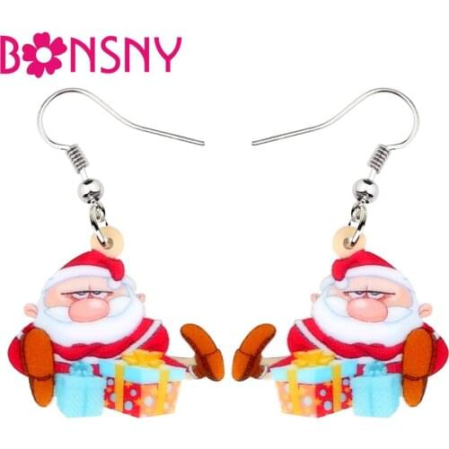 Bonsny Acrylic Christmas Santa Claus Colorful Gift Box Earrings Dangle Drop Jewelry For Women Girls Teens Kid Bulk Festival Gift